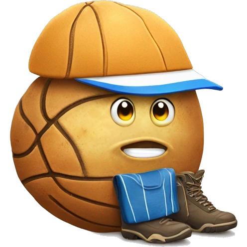 funny potato, with basketball hat, mountain boots and holding a tennis rac emoji