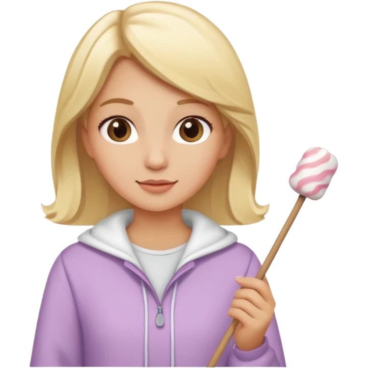 blonde woman cute clothes holding marshmallow stick emoji
