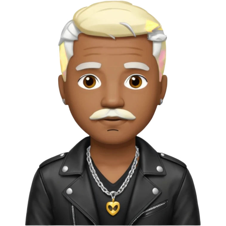Sisqo, medium dark skin, brown eyes, platinum blonde hair and mustache, black leather jacket with chest and necklace emoji