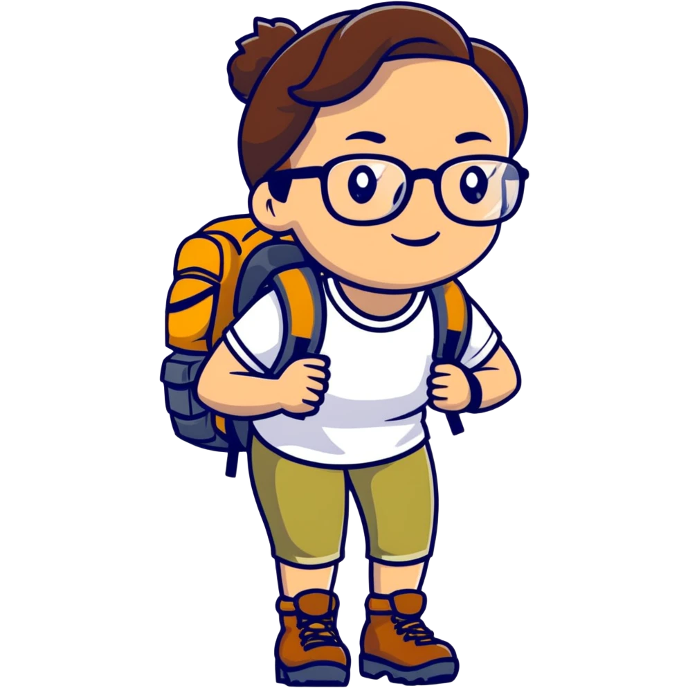 Woman in her late 30s with glasses wearing sporty outfit, hiking boots, and backpack looking happy and curious emoji