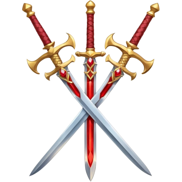 Two crossed swords that are golden in blade and handle and have fiery and royal appearence to them as well as red gem stones emoji