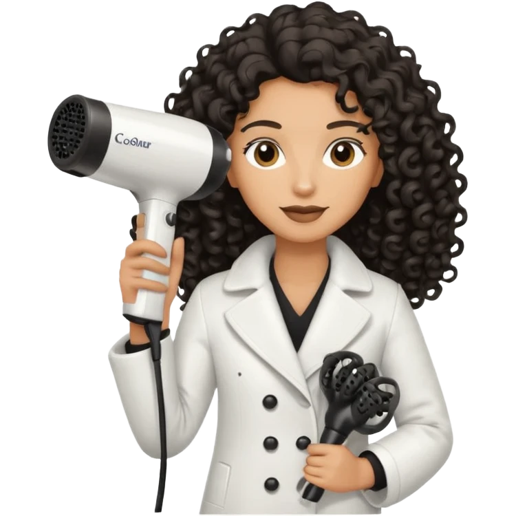 Parrucchiera con il phon in mano e la scritta coiffeur assunta capelli neri e ricci lunghi emoji