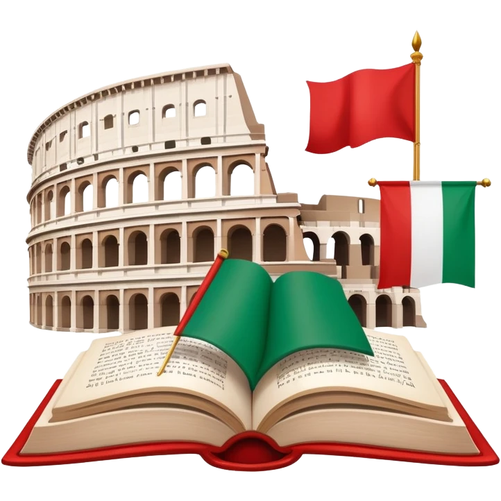 An icon featuring the Colosseum and the flag of Italy, symbolizing the Italian language. The design includes an open book with Italian phrases and a gondola, representing language learning and cultural exploration. Transparent background emoji
