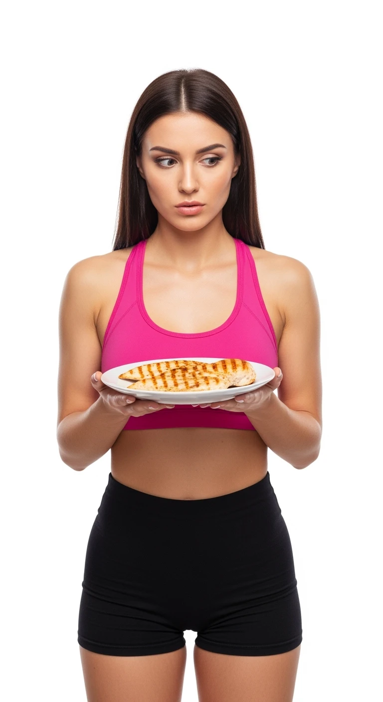 DONNA fitness CHE TIENE UN PIATTO DI PETTO DI POLLO GRIGLIATO IN MANO E LO GUARDA DUBBIOSO, ISOLATO SU SFONDO BIANCO emoji