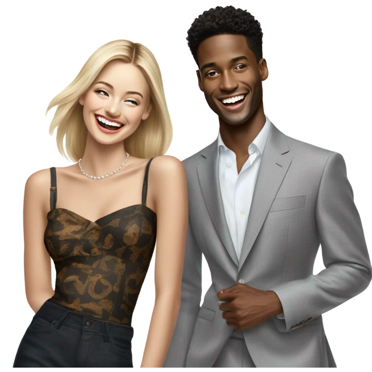Hyper Realistic beautiful dior model laughing with a handsome male model  emoji