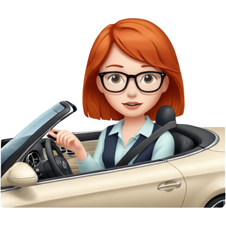 Red head girl with glasses driving fast in a Mercedes convertible emoji