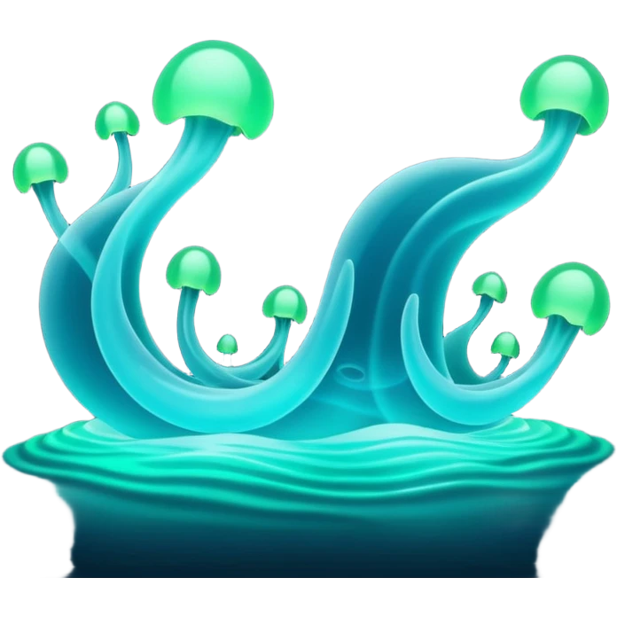 3D render of Plankton Wave, bioluminescent deep sea style, glowing neon blue and green lights, dark background to contrast the glow, translucent organic textures. emoji