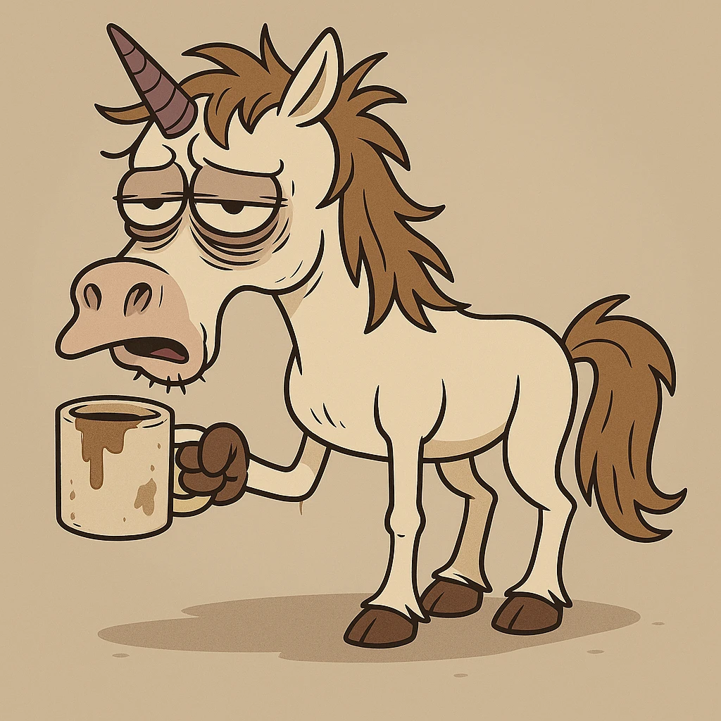 Add a dirty coffee cup in the unicorn's hoof, keep the cartoonish style, unicorn remains disgusting and rumpled with bags under his eyes and a drooping horn. emoji