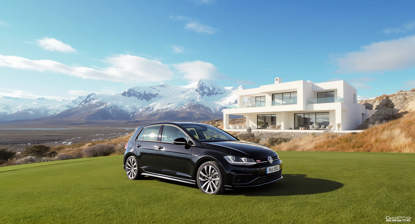 black Golf 4 with, in background is modern huge two flors white villa, in distance are iceland mountains, rule of thirds, shot on gopro hero, noise camera emoji
