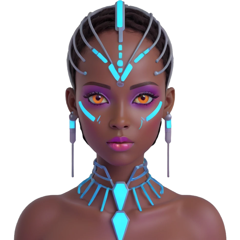 Futuristic African woman with cybernetic enhancements, holographic makeup, techno-tribal aesthetics, and neon lighting emoji