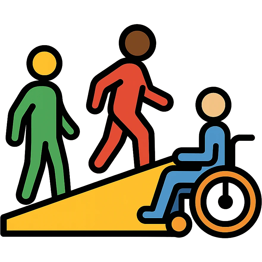 accessible activity space icon with color fill, ramps, and diverse people emoji
