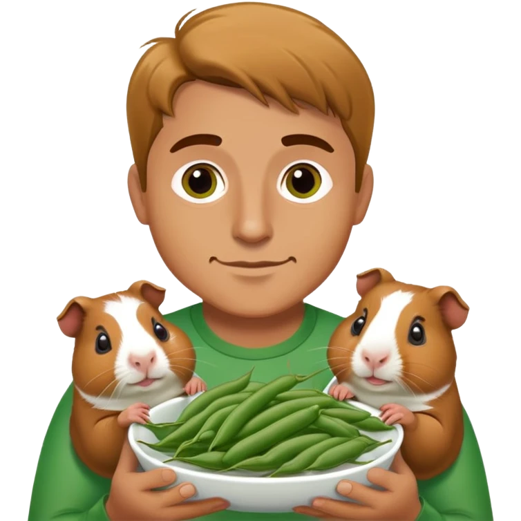 A man eating green beans while holding guinea pigs emoji