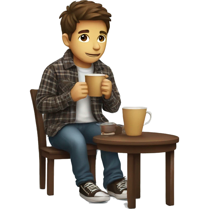 A boy drink coffe with plaid emoji
