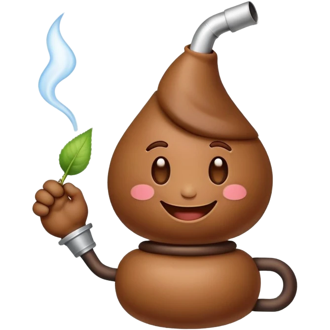 cute happy smiling poop emoji holding a smoking bong in hand emoji