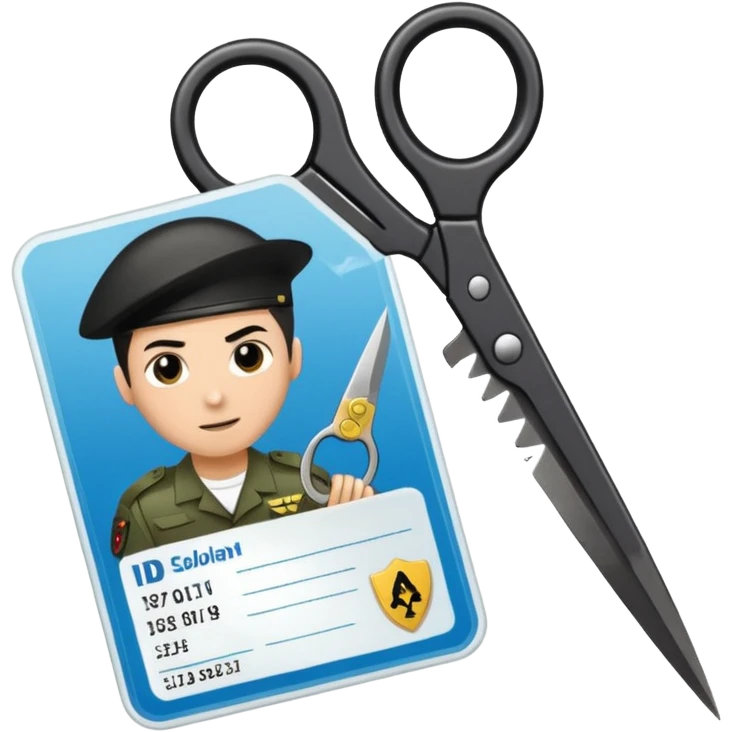 Floating black Scissors cutting an idf soldier ID card in 2 parts .hyper realistic emoji