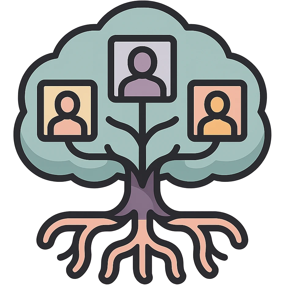 A tree symbolizing family history and a genealogical tree in icon-color-outlined style with thin clean contours and soft rounded shapes, pastel palette #98B5BC, #B5B3C1, #C9A3C9, #E4C0CA, #F7DCD1, #F7C0AA, modern Japanese pop-art and sticker aesthetics, detailed shadows and highlights, soft lighting, transparent background. Branches and roots stylized to represent family connections and history. emoji
