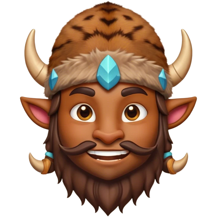 Cinematic Playful Barbarian Portrait Emoji, Head tilted with a cheeky grin and lively eyes, featuring a compact, stylized build in patchwork furs and a whimsical horned cap, Simplified yet irresistibly charming features, highly detailed, glowing with a warm, inviting glow, high shine, energetic and endearing, stylized with a touch of whimsical medieval mischief, soft glowing outline, capturing the essence of a playful barbarian that exudes friendly bravery! emoji