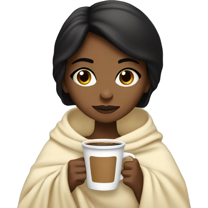 Brownskin girl with black hair and dark brown eyes wrapped in a cream colored blanket sipping coffee emoji