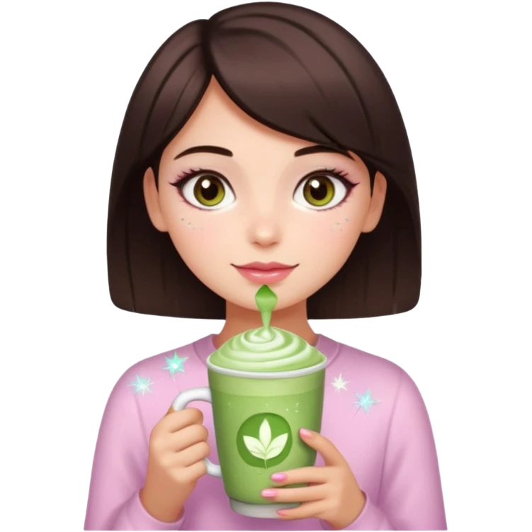 square framed profile picture of a girl with short dark brown hair and brown eyes, holding a matcha latte, with sparkles, skincare, and makeup elements, in pink soft girl aesthetics, apple emoji style emoji