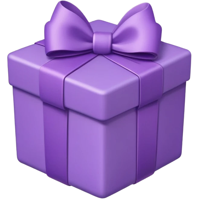 A cute emoji-style illustration of a purple gift box with a ribbon, pastel purple tones, rounded shape, kawaii style, simple clean lines, soft shading, minimal details, centered composition, transparent background emoji
