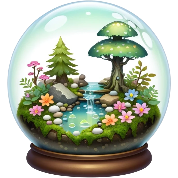 Sparkly shiny iridescent Mystical woodland glass-dome-terrarium-globe with moss inside, with marbles, with pebbles, crystals, with bones inside, and flowers inside  emoji