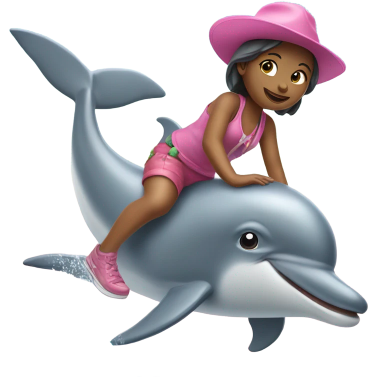 girl riding a dolphin, both wearing a pink hat emoji
