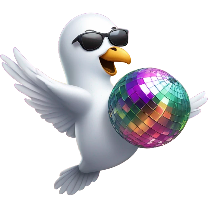An dove in trendy sunglasses dancing under a disco ball, looking happy. emoji