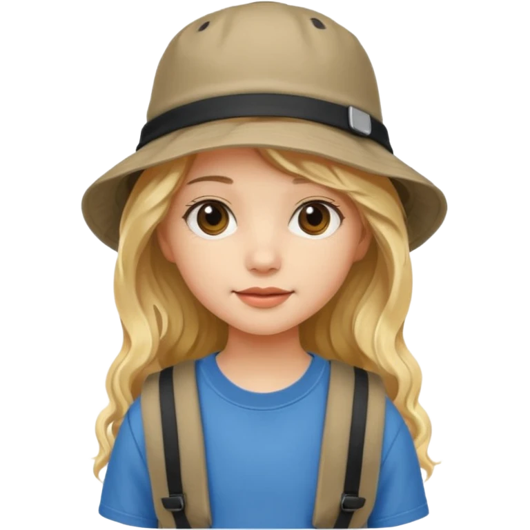 a young student girl with the backpack with bucket hat, blonde wavy long hair emoji