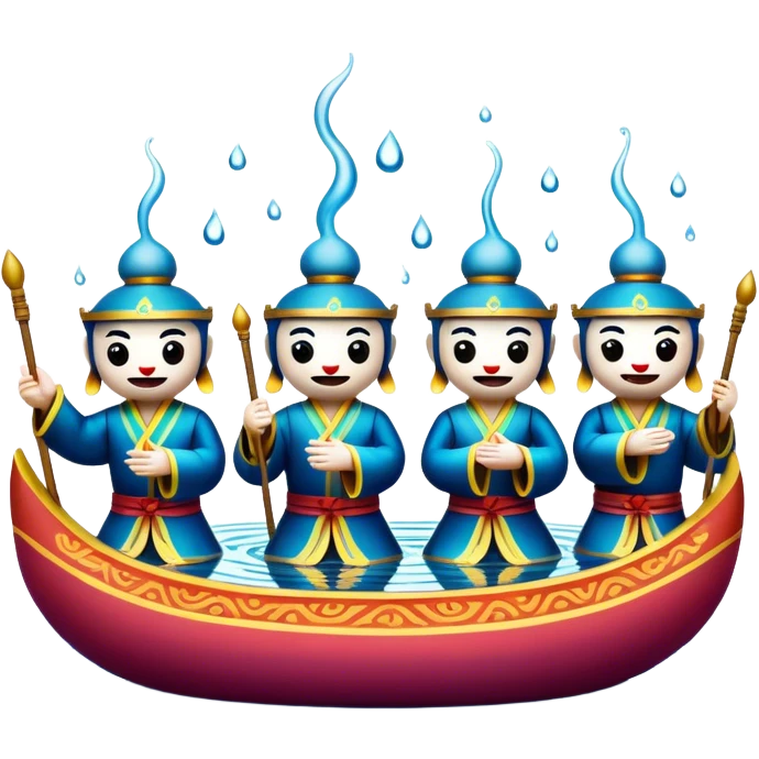 Cinematic Realistic Water Puppetry Emoji, depicted as a whimsical scene of traditional water puppets performing on a reflective water stage, rendered with vivid textures and dynamic playful lighting that captures its enchanting charm. emoji