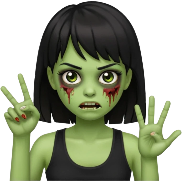 Crie um emoji de zumbi garota do iphone, que tenha o cabelo preto longo, pele levemente esverdeada, de cumprimento no peito, que tenha uma franja no tamanho da sobrancelha, com os olhos escuros e que use uma regata preta emoji