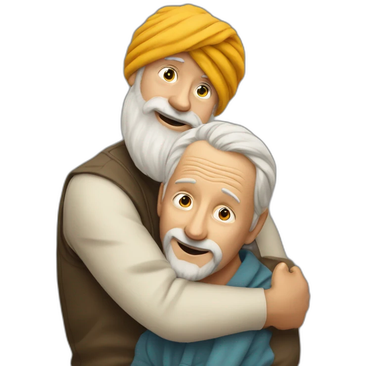Turban older Man from africa hugs taller blond beard European man emoji
