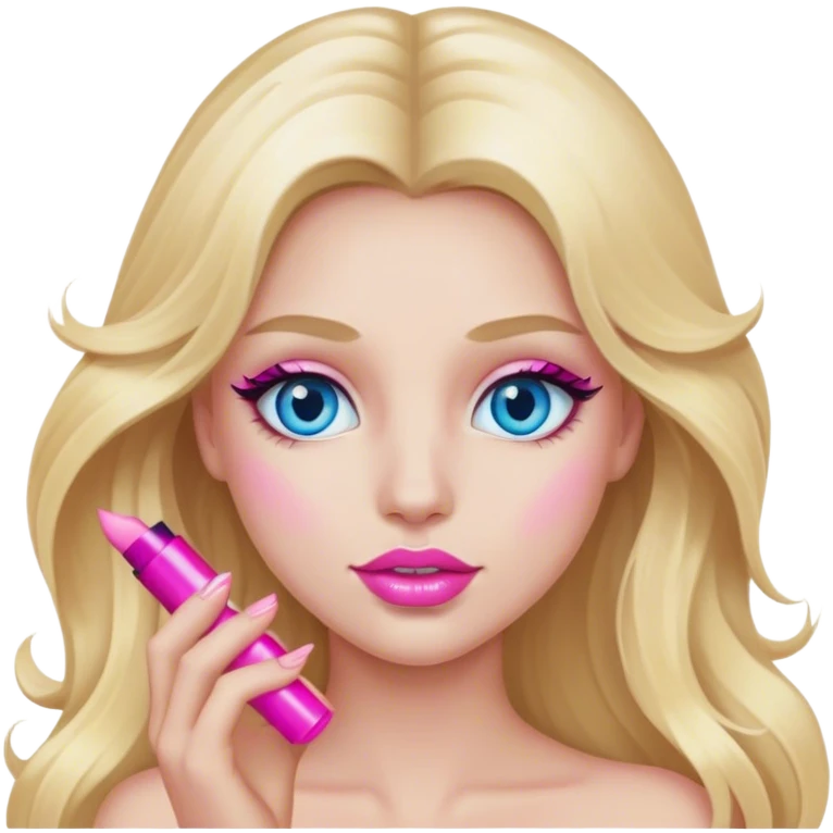 Cinematic realistic blonde with long hair, blue eyes and pink lips with mascara in her hands emoji