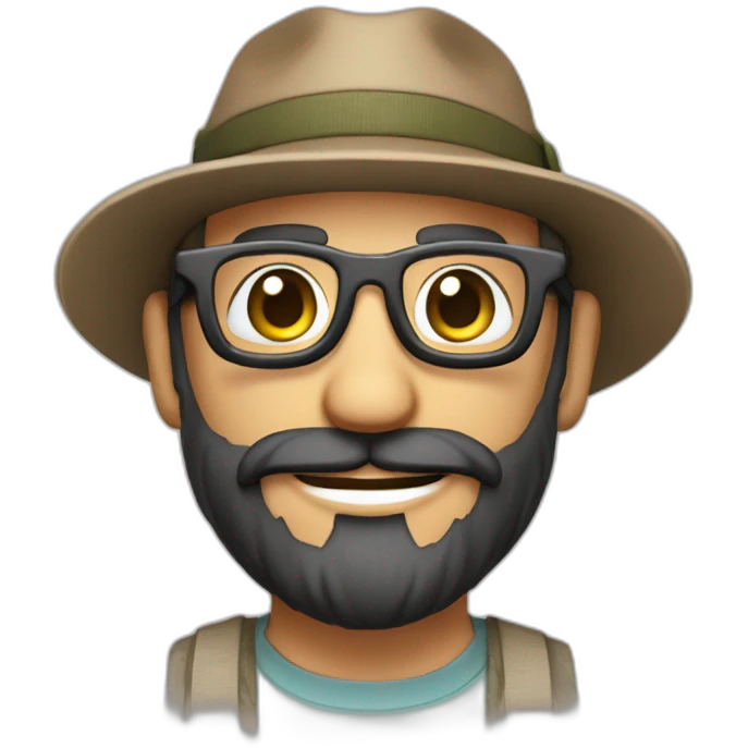 happy smile gardener face long dark beard and bald dark hair round glasses brown eyes and a hat emoji
