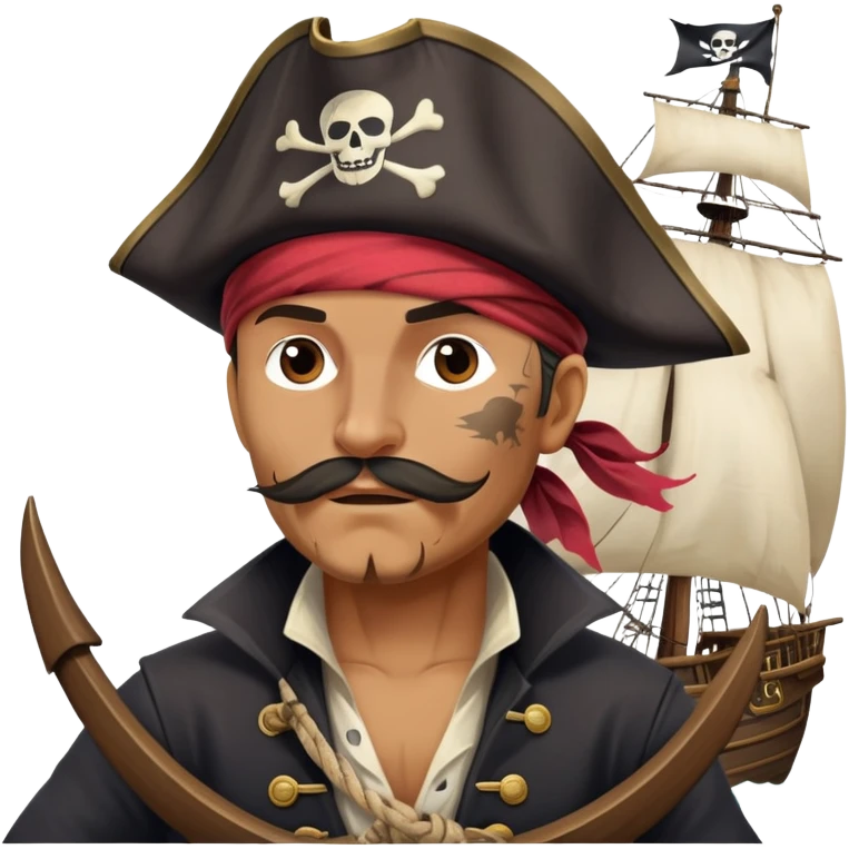 clash-of-clans-aesthetic_-cinematic-focused-pirate-bust-portrait-emoji, head slightly tilted with a determined, roguish expression and bold features, featuring a compact, spirited build with a jaunty hat and quirky bandana on tan skin, at the helm of a grand sailing ship complete with billowing sails and a tattered Jolly Roger flag fluttering dynamically in a tempestuous sea breeze. emoji