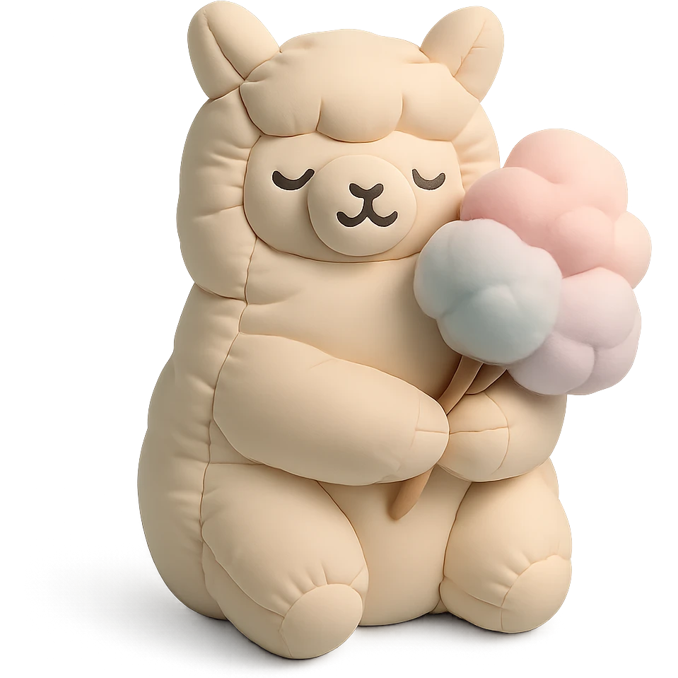 alpaca holding cotton candy bouquet in cushion style emoji