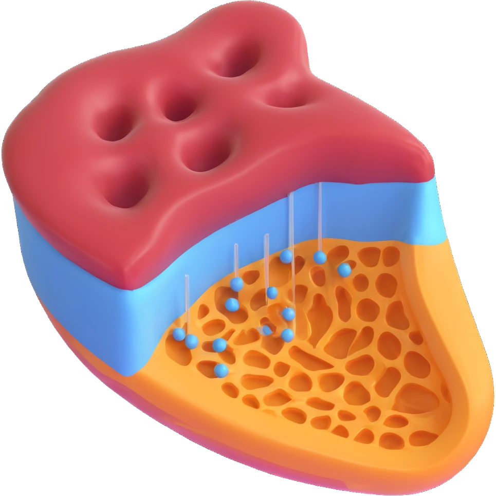 simple 3D cross-section of a biomembrane with a double phospholipid bilayer, one large channel protein spanning the membrane, small molecules or ions passing through the channel, clear and educational emoji