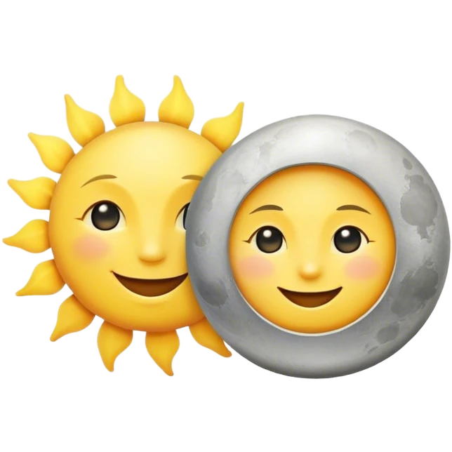 a really bright  big sun and a small moon who shines because of it. the sun is bigger and the tiny \moon bright too beside it smiling looking at each other emoji