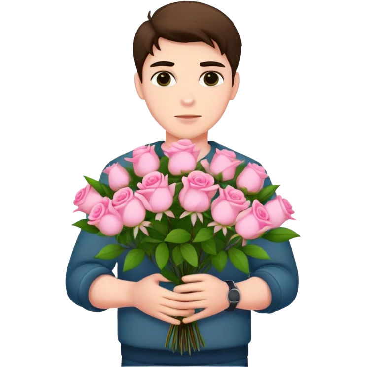 A cool bad boy with fair skin holding a bouquet of pink jasmine roses emoji