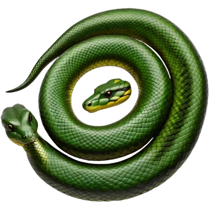 A photo-realistic top-down view of a Green Anaconda tightly coiled in a spiral, with its broad, flat head resting at the center. Its thick, muscular body is olive-green and covered in symmetrical, bold black oval spots that stand out against its smooth scales, creating striking natural camouflage. emoji