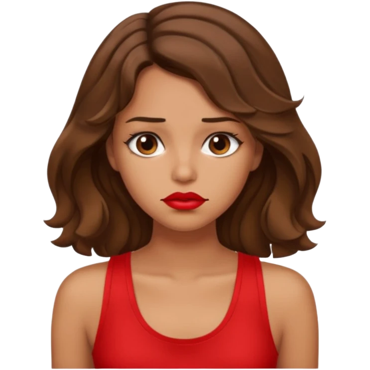 generate a pretty tan bratz girl with brown wavy hair long wearing a red tank top, red lipstick. Looking sad emoji