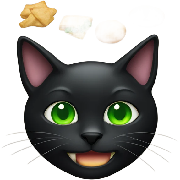 Black cat with green eye mouth full of food emoji
