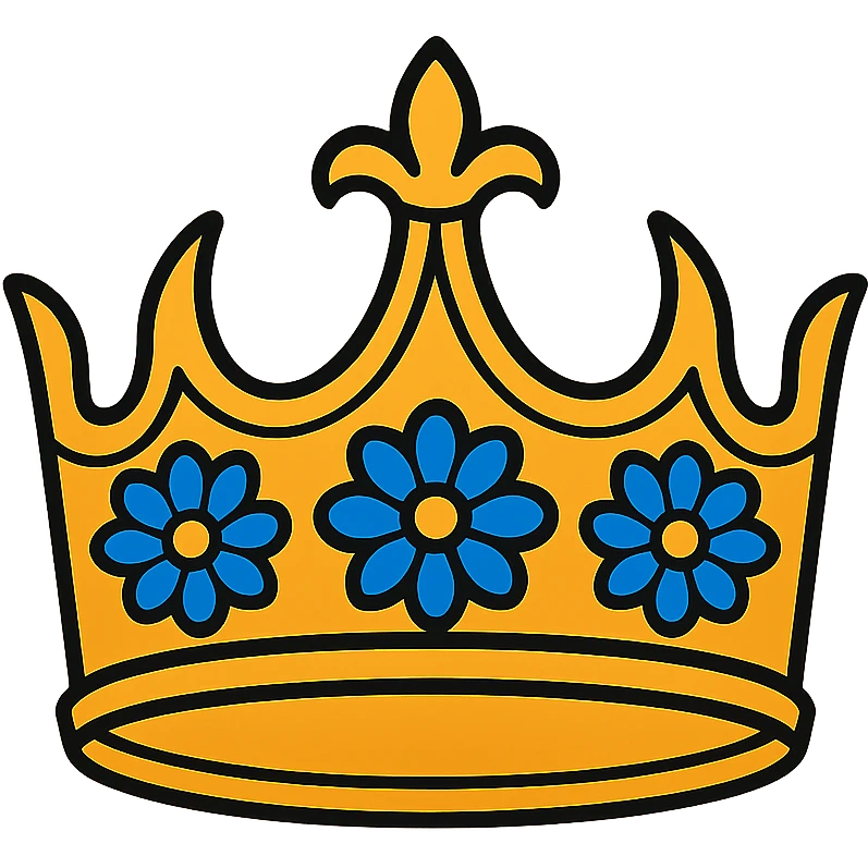 A queen level fantasy tiara-crown. The crown is golden and sun color shaded, and light royal blue colored dahlia flowers, are embedded in the ring of the crown. Ultra Realistic. Detailed design. Amazing details. emoji