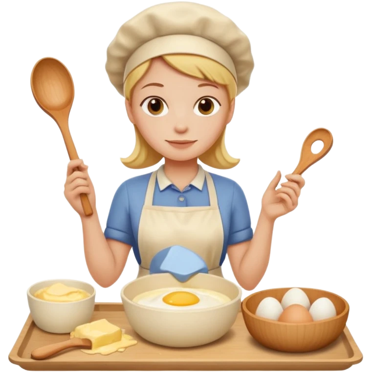 A carton of eggs, butter and a cream ceramic baking bowl with a wooden spoon in it emoji