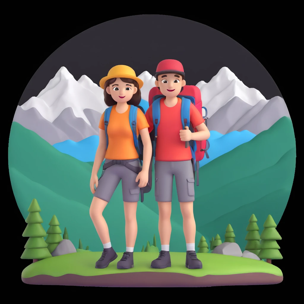 back packer couple posing, mountains in background,   close up pose emoji
