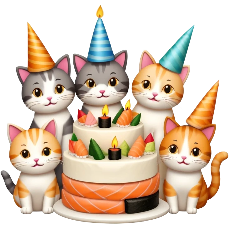 six happy cats wearing party hats celebrating a birthday party around a large cake made entirely of sushi with a candle on top emoji