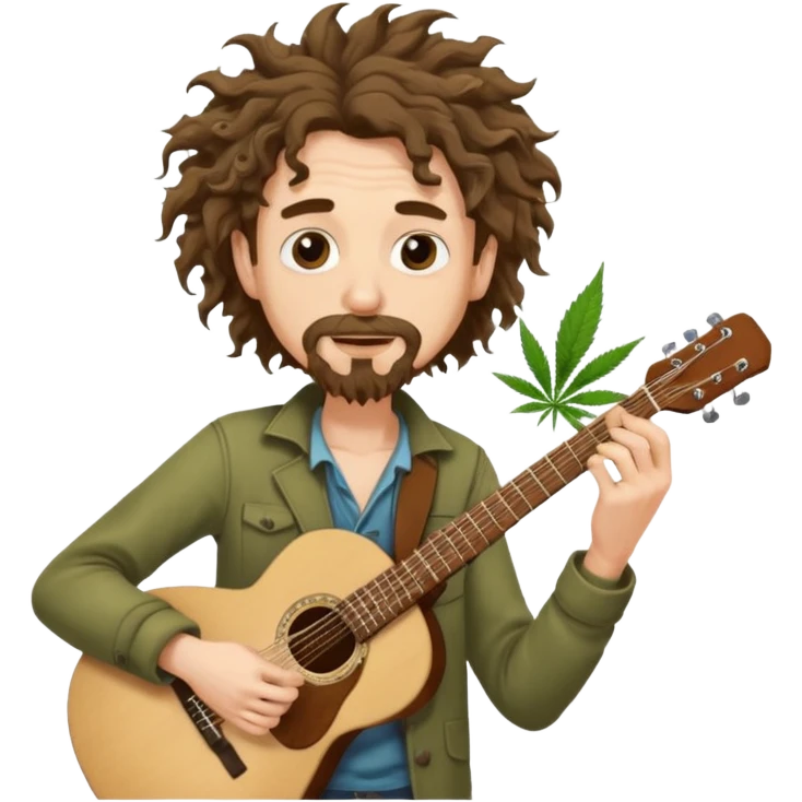 Generate a malnourished dude with curly hair and a shitty goatee who is high on marijuana playing the guitar and twisting a strand of his hair emoji