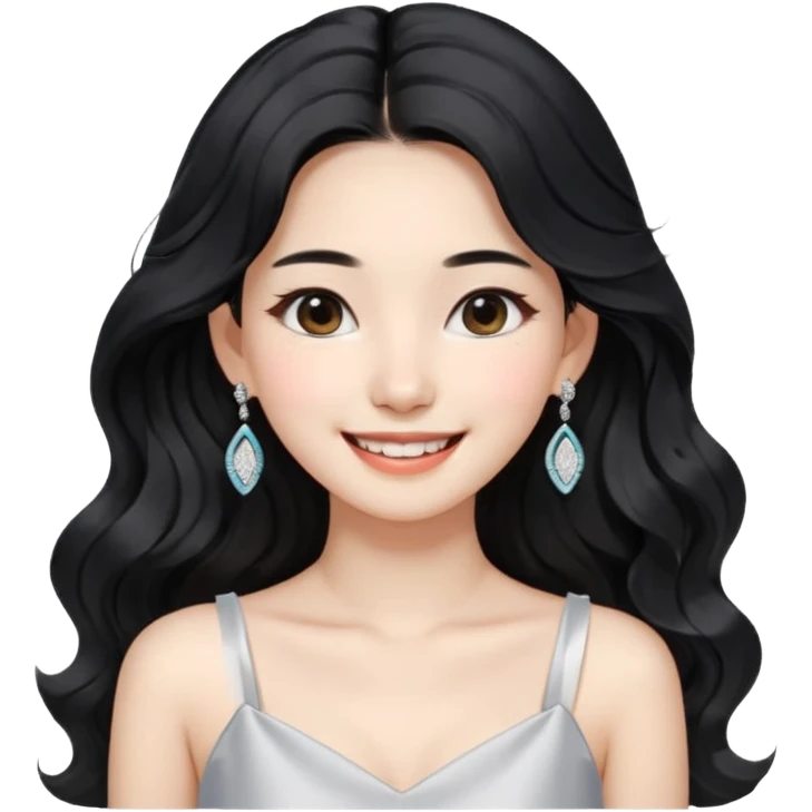 Korean 24-year-old female online shopping mall seller / white face / earrings / smiling expression / long wavy hair / influencer vibe / fashionable / black hair / silver earrings / white dress emoji