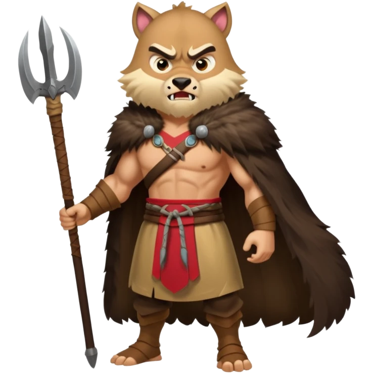 full body Hun warrior inspired by Mulan, barbaric, snarling face, heavy fur cloak, menacing eyes, primitive weapons emoji