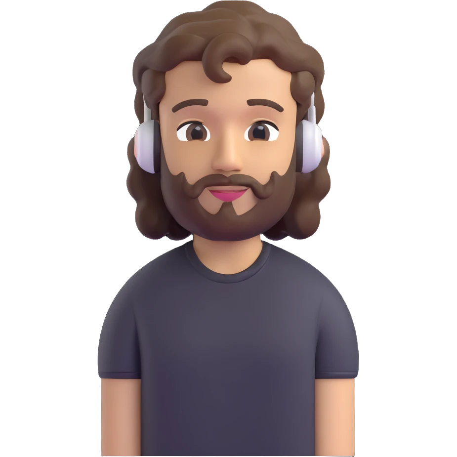 light skin man with a faded beard, wavy hair, and a mullet, wearing a t-shirt and AirPods, 3D emoji style emoji