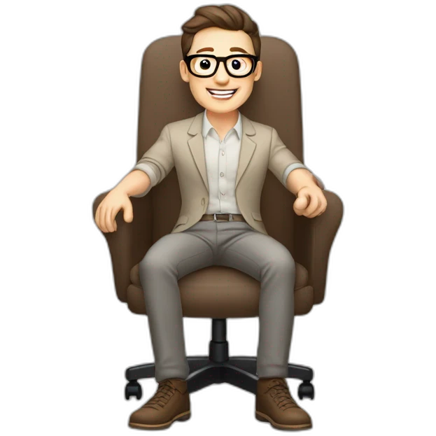 Joyful Celebrating victory Pale skinned Fit Man With dark brown hair in gray jacket, beige office shirt, Brown pants and vintage glasses sitting In a soft chair emoji